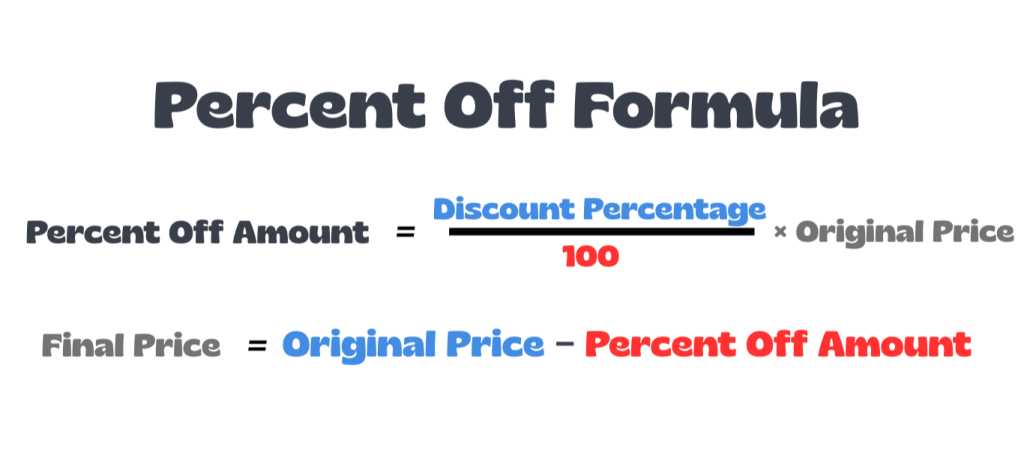 Percent off formula showing how to calculate the discount amount and final price from the original price and discount percentage. Also these method is used in our percent off calculator.