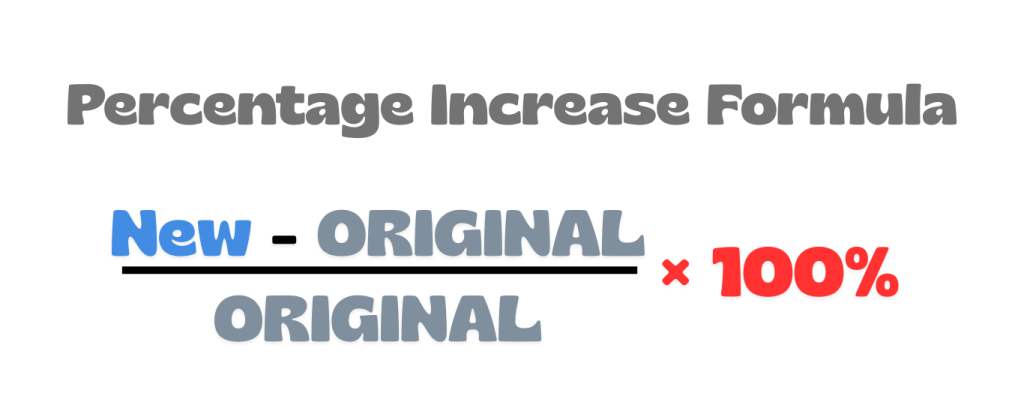 Percentage increase formula showing the difference between new value and original value divided by the original value, multiplied by 100. Also, these formula is used in our Percentage Increase Calculator.
