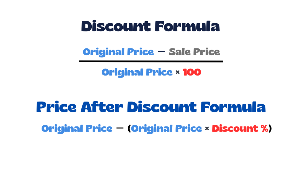Discount percentage formula showing how to calculate it and formula for price after discount. Both of the formulas are use in our Discount Calculator.
