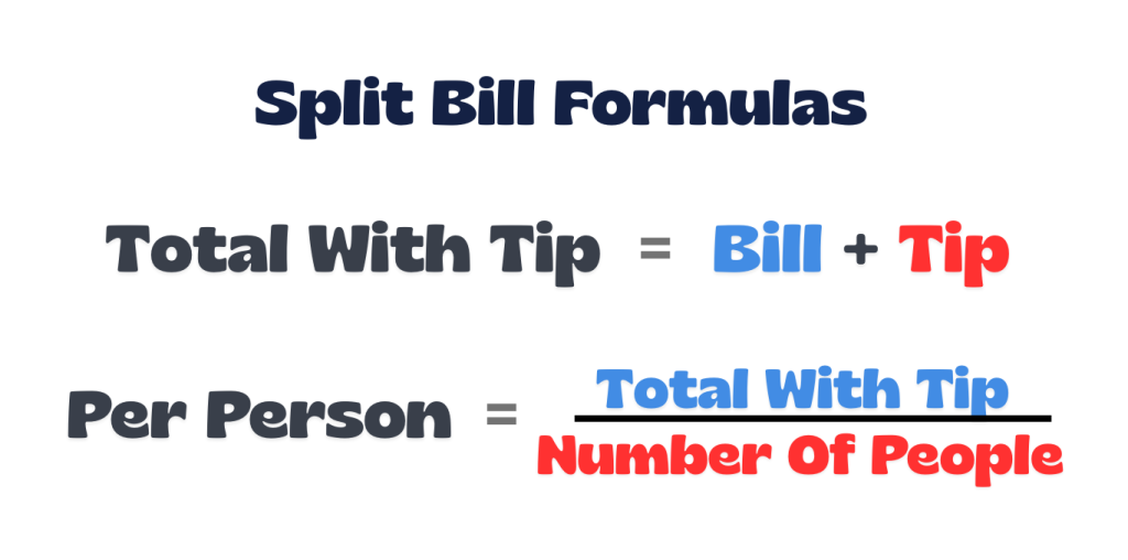 Split Bill Formulas  in these image can be considered as step to calculate but are also used in the split bill calculator and tip calculator.
