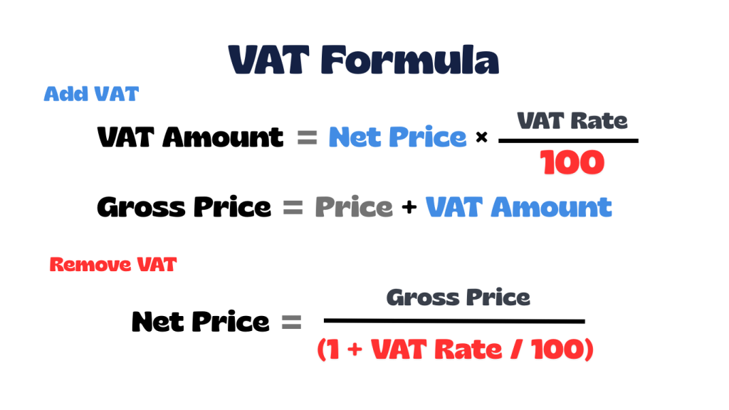 VAT calculation formula image explaining how to calculate VAT amount from net price and how to remove VAT from a gross price, which are also applied in our VAT Calculator.
